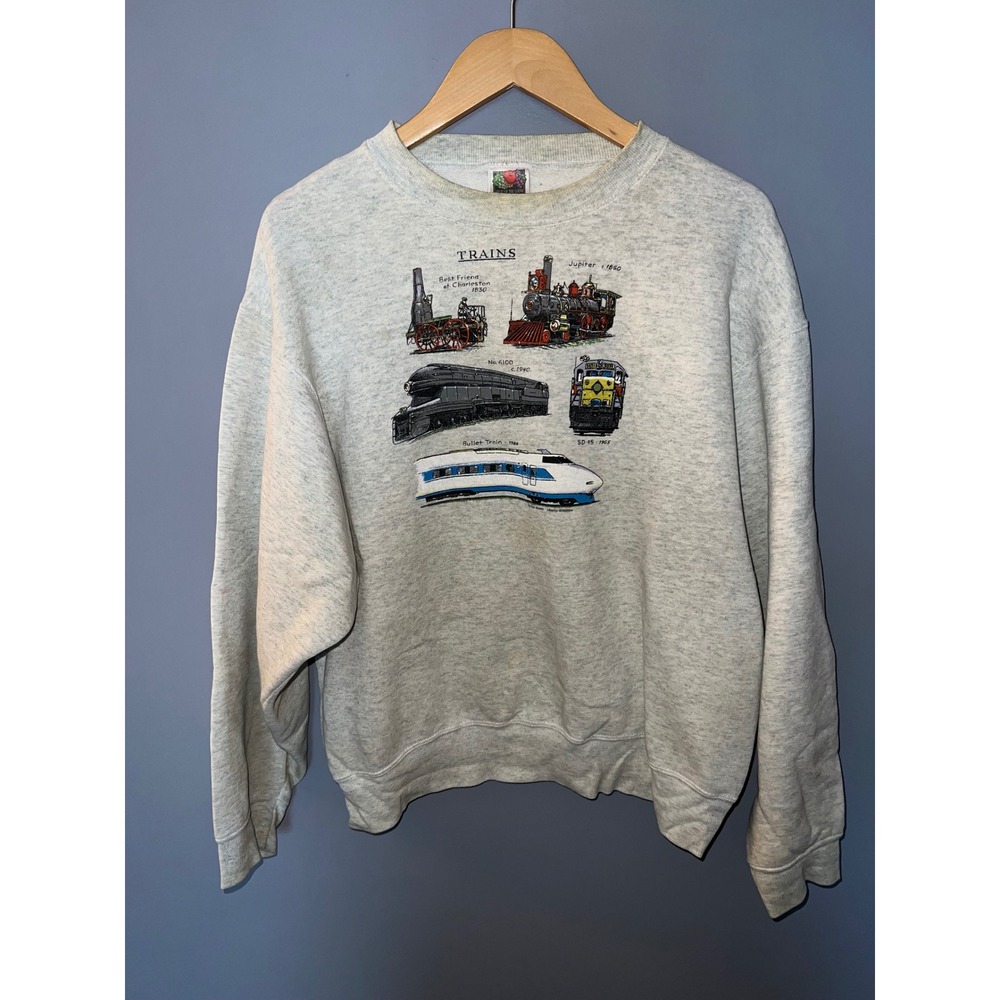 Vintage Fruit of the Loom Trains History Graphic Sweatshirt Grey Medium 90s‎